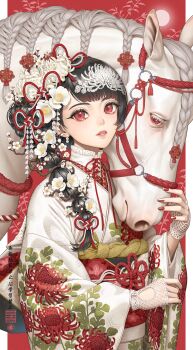 animal black_hair braid branch cherry_blossoms chinese_zodiac commentary_request fingerless_gloves floral_print flower gloves hair_flower hair_ornament hair_ribbon highres horse japanese_clothes kimono long_hair long_sleeves looking_at_viewer minami_(minami373916) multi-tied_hair nail_polish neck_ribbon new_year obi original parted_lips pink_lips red_background red_eyes red_flower red_nails red_ribbon red_rope ribbon rope sash spider_lily tassel upper_body white_gloves white_horse white_kimono wide_sleeves year_of_the_horse