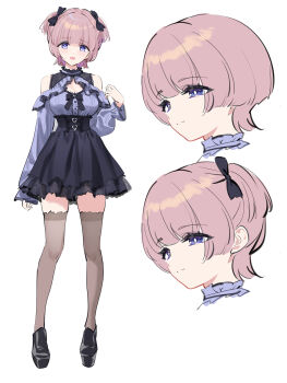 1girl arimura_mao bare_shoulders black_footwear black_skirt blue_eyes blue_shirt breasts cleavage cleavage_cutout closed_mouth clothing_cutout commentary frilled_shirt frills gakuen_idolmaster grey_thighhighs hand_up high-waist_skirt higher_resolution_available highres idolmaster jirai_kei looking_ahead looking_at_viewer multiple_views open_mouth pink_hair shirt short_hair shoulder_cutout simple_background skirt thighhighs two_side_up white_background yd_(orange_maru)