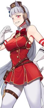 1girl absurdres agamemega bare_shoulders belt bow bowtie breasts brown_hat commentary dress gloves gold_ship_(red_strife)_(umamusume) gold_ship_(umamusume) hand_on_own_hip hat headset highres horse_girl jewelry long_hair o-ring pantyhose pointing pointing_at_self red_bow red_bowtie red_dress red_eyes simple_background sleeveless sleeveless_dress smile solo thighlet umamusume white_background white_gloves white_hair white_pantyhose