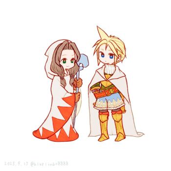 1boy 1girl aerith_gainsborough alternate_costume armored_boots blonde_hair blue_eyes bluelimbo8888 boots chibi chibi_only cloak closed_mouth cloud_strife dated final_fantasy final_fantasy_tactics final_fantasy_vii full_body gold_boots green_eyes hair_tie hand_on_own_hip holding holding_staff hooded_robe knight_(fft) light_smile long_hair parted_bangs red_trim robe short_hair sidelocks spiked_hair staff twitter_username white_background white_cloak white_mage white_mage_(fft) white_mage_(final_fantasy) white_robe