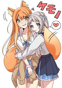 2girls absurdres animal_ears blue_eyes blue_ribbon blue_skirt blush braid brown_sweater closed_mouth clothes_around_waist collared_shirt commentary_request fox_ears fox_girl fox_tail gakuen_idolmaster green_eyes hair_ornament hair_ribbon hairclip half_up_braid heart highres hug hug_from_side idolmaster katsuragi_lilja kemonomimi_mode long_hair long_sleeves mole mole_under_eye multiple_girls neck_ribbon orange_hair parted_lips pleated_skirt ribbon ribbon_braid scrunchie shirt shiun_sumika simple_background skirt spoken_heart suzuka_202224 sweater sweater_around_waist tail tail_wrap white_background white_shirt wrist_scrunchie yuri