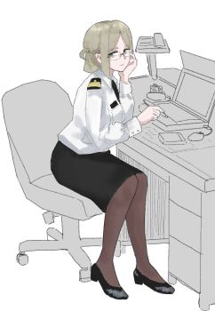 1girl alternate_costume black_necktie black_shoes black_skirt brown_pantyhose chair closed_mouth collared_shirt commentary_request computer computer_mouse domudomuunadon glasses green_eyes grey_hair kantai_collection katori_(kancolle) laptop long_sleeves military_uniform naval_uniform necktie pantyhose pencil_skirt shirt shoes simple_background sitting skirt solo white_background white_shirt
