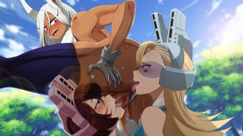 3girls anilingus blush boku_no_hero_academia breasts cunnilingus dark-skinned_female dark_skin day fff_threesome group_sex hand_on_own_ass mandalay_(boku_no_hero_academia) mirko multiple_girls nipples open_mouth oral outdoors pixie-bob_(boku_no_hero_academia) pussy the_amazing_gambit threesome tree yuri
