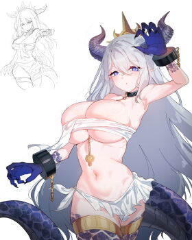 1girl absurdres arm_up armpits bandeau black_collar black_nails blue_eyes blue_hands breasts collar colored_extremities commentary cowboy_shot crossed_bangs cuffs double-parted_bangs dragon_girl dragon_horns dragon_tail english_commentary fingernails gold_thighlet grey_hair hair_between_eyes highres horns jewelry large_breasts long_fingernails long_hair looking_at_viewer miniskirt multiple_views navel original parted_lips pointy_ears rayno scales shackles simple_background skirt solo_focus stomach tail thighlet white_background white_bandeau white_skirt