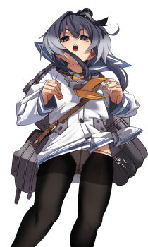 1girl black_hair black_pantyhose blue_sailor_collar commentary_request fu-ta grey_hair highres kantai_collection long_sleeves looking_at_viewer multicolored_hair open_mouth panties panties_under_pantyhose pantyhose pantyshot sailor_collar school_uniform serafuku side-tie_panties simple_background solo standing tokitsukaze_(kancolle) underwear white_background white_panties