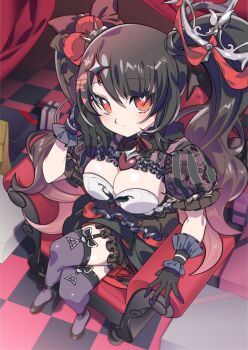 1girl absurdres black_dress black_gloves black_hair breasts cleavage closed_mouth crossed_legs dress frilled_dress frills gloves gradient_hair highres indie_virtual_youtuber large_breasts long_hair looking_at_viewer misaka_(missa) multicolored_hair red_eyes red_hair smile solo very_long_hair virtual_youtuber yotogi_sera