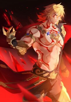 Rule 34 | 1boy, abs, arm tattoo, armlet, black coat, black pants, blonde hair, braid, cape, chest tattoo, clawed gauntlets, coat, commentary, earrings, facial tattoo, floating cape, gold earrings, gold necklace, gradient hair, highres, honkai: star rail, honkai (series), jewelry, large pectorals, leg armor, male focus, medium hair, multicolored hair, mydei (honkai: star rail), necklace, open clothes, open coat, pants, pectorals, pelmysh puk, red cape, red hair, red tattoo, side braid, side cape, solo, untranslatable commentary, tattoo, toned, toned male, yellow eyes