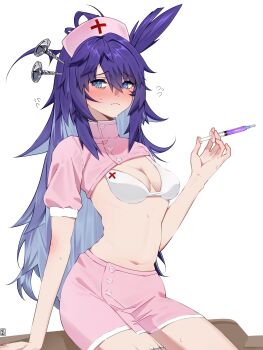 1girl absurdres alternate_costume blue_eyes blush bra breasts cleavage closed_mouth clothes_lift commentary commission cross dr.nova(e) english_commentary flying_sweatdrops hat highres holding holding_syringe long_hair looking_at_viewer messy_hair navel nurse nurse_cap object_through_head one_side_up pink_hat pink_shirt pink_skirt purple_hair red_cross screw_in_head second-party_source shirt shirt_lift short_sleeves simple_background skirt small_breasts solo staz008 sweatdrop syringe underwear v4mirai virtual_youtuber white_background white_bra