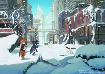 2girls abandoned absurdres artist_name bare_tree black_cape black_hair black_hat black_jacket boots broken_window brown_boots brown_jacket building cape car character_doll city cityscape commentary_request commission compass dated doll elevated_highway elf extra_arms eyepatch gloves grey_hair hat highres highway holding holding_compass holding_map ilyana jacket knee_boots lamppost long_hair long_sleeves making-of_available map motor_vehicle multiple_girls open_mouth original outdoors pants pillar pixiv_commission pointing pointy_ears purple_cape purple_eyes red_cape red_gloves red_hat red_skirt ruins sharp_teeth skeletal_hand skirt snow suteruko teeth tree two-sided_cape two-sided_fabric undead valkrana white_pants winter witch_hat yellow_cape