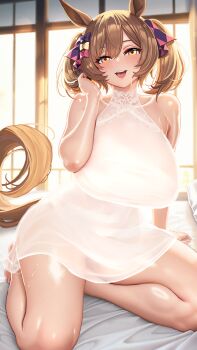 1girl absurdres alternate_costume animal_ears arm_support asdkd123 bare_shoulders barefoot blush bow breasts brown_eyes brown_hair collarbone commentary_request dress hair_bow highres horse_ears horse_girl horse_tail large_breasts looking_at_viewer medium_hair navel open_mouth saliva see-through_clothes sitting sleeveless sleeveless_dress smart_falcon_(umamusume) smile solo sweat tail teeth toes twintails umamusume upper_teeth_only white_dress window yokozuwari