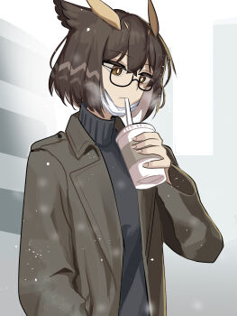1girl :/ alternate_costume animal_ears arknights bird_ears black-framed_eyewear black_sweater brown_coat brown_eyes brown_hair coat commentary cup disposable_coffee_cup disposable_cup drinking drinking_straw drinking_straw_in_mouth english_commentary feather_hair glasses hand_up highres holding holding_cup mask mask_pull mouth_mask open_clothes open_coat owl_ears owl_girl semi-rimless_eyewear short_hair silence_(arknights) solo sskai sweater turtleneck turtleneck_sweater upper_body winter_clothes