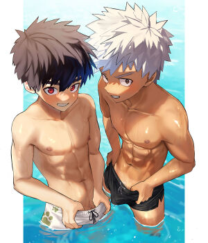 2boys abs batsusuke black_hair black_male_swimwear blush brown_eyes bulge collarbone day from_above grin highres jammers kai looking_at_viewer male_focus male_pubic_hair male_swimwear male_swimwear_pull multiple_boys n.e.k.o n.e.k.o_(the_four_seasons_of_farewells) naughty_face navel nipples original original-kun outdoors outside_border pectorals pubic_hair pubic_hair_peek pulling_own_clothes red_eyes sanpaku shiny_skin short_hair shorts_tan side-by-side smile spiked_hair standing swim_trunks tan tanline toned toned_male topless_male ushio wading water wet white_hair white_male_swimwear yoichi_yukimura
