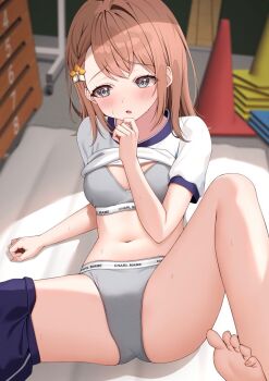 1girl arm_support artist_name bare_arms blurry blurry_background blush bra braid breasts brown_hair charl2837 clothes_lift clothes_writing commentary_request facing_viewer feet flower grey_bra grey_panties gym_shirt gym_storeroom gym_uniform hair_behind_ear hair_flower hair_ornament hanasato_minori hand_up highres indoors mat medium_breasts medium_hair navel panties project_sekai reclining shirt shirt_lift short_sleeves shorts shorts_around_one_leg sideways_glance single_bare_leg solo sports_bra sports_panties spread_legs stomach sweat thighs traffic_cone underwear underwear_writing variant_set vaulting_horse white_shirt