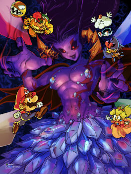 1other 2girls 4boys battle black_lips black_nails black_sclera blonde_hair blue_eyes blue_overalls bluesky_username bowser breasts brown_footwear brown_hair chain_chomp colored_sclera colored_skin commentary crown crystal culex demon_girl demon_horns deviantart_username dress english_commentary facial_hair fingernails floating_hair genderswap genderswap_(mtf) geno_(mario) gloves hat highres horns ian_samson long_fingernails mallow_(mario) mario mario_(series) medium_breasts multiple_boys multiple_girls mustache nintendo open_mouth orange_dress overalls princess_peach puppet purple_hair purple_skin red_eyes red_hair red_hat red_shirt shirt signature size_difference spiked_shell super_mario_rpg tattoo toned toned_female tumblr_username twitter_username white_gloves