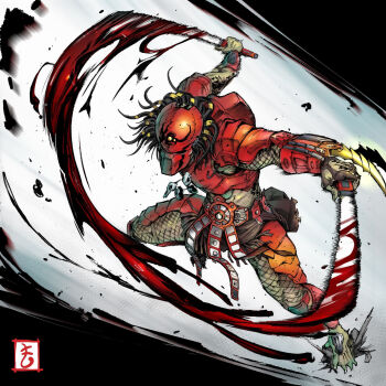 1boy alien arm_blade armor blood bloody_weapon dreadlocks dual_wielding fishnets gauntlets helmet highres holding holding_sword holding_weapon katana long_hair mask matutoya muscular pauldrons predator_(character) predator_(series) shoulder_armor solo sword thigh_armor weapon wrist_blades