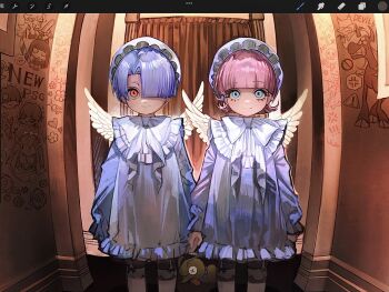2boys angel angel_wings aqua_eyes art_program_in_frame blue_hair blunt_bangs bow brothers chuck_(psg) closed_mouth dress frilled_dress frilled_sleeves frills hair_over_one_eye hallway highres huli_xiaobai long_sleeves male_focus multiple_boys one_eye_covered panty_&amp;_stocking_with_garterbelt panty_(psg) parted_bangs parted_hair pink_hair polyester_(psg) polyurethane_(psg) red_eyes siblings smile standing stocking_(psg) wings writing_on_wall