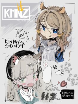 Rule 34 | 2girls, absurdres, animal ear fluff, animal ears, black choker, blue eyes, blunt bangs, blush stickers, brown hair, cat ears, cat girl, character request, choker, closed mouth, commentary request, double-parted bangs, earrings, green eyes, grey background, grey hair, grey shirt, hair between eyes, highres, jewelry, kmnz, long hair, looking at viewer, multiple girls, no name ver1, open mouth, shirt