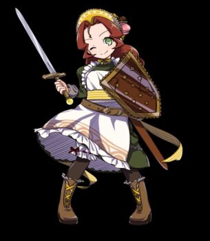 1girl apron black_background black_pantyhose bloomers blush boots bow brown_boots brown_hair closed_mouth cookie_(merc_storia) curtained_hair dress food frilled_apron frills full_body green_dress highres holding holding_shield holding_sword holding_weapon long_hair long_sleeves macaron maid maid_apron merc_storia merc_storia_art_team official_art one_eye_closed pantyhose puffy_sleeves sheath shield simple_background smile solo standing sword tachi-e underwear weapon white_apron yellow_bow