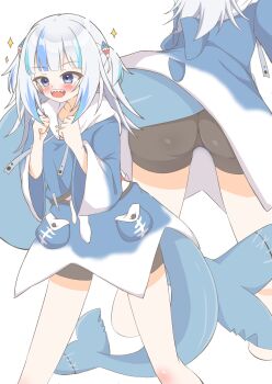 1girl animal_costume ass bare_legs bike_shorts black_shorts blue_eyes blue_hair blue_hoodie blunt_bangs blush commentary eyebrows_hidden_by_hair feet_out_of_frame fins fish_tail from_behind gabu_g2 gawr_gura gawr_gura_(1st_costume) grey_hair hair_ornament highres hololive hololive_english hood hoodie long_sleeves medium_hair multicolored_hair multiple_views shark_costume shark_fin shark_girl shark_hair_ornament shark_tail sharp_teeth shorts solo stitched_tail streaked_hair tail teeth two_side_up virtual_youtuber wide_sleeves
