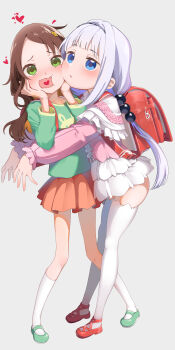 2girls absurdres backpack bag beads blue_eyes brown_hair cheek-to-cheek cheek_squash green_eyes green_shirt hair_beads hair_ornament heads_together heart heart_in_mouth highres kanna_kamui kneehighs kobayashi-san_chi_no_maidragon long_hair long_sleeves mary_janes multiple_girls open_mouth purple_hair randoseru red_bag red_shoes red_skirt saikawa_riko shiratama_mochi shirt shoes skirt socks sphere_hair_ornament thighhighs twintails white_socks white_thighhighs yuri