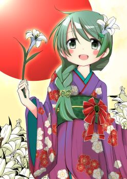 1girl :d absurdres blush braid camellia_print commentary_request floral_print floral_print_kimono flower green_eyes green_hair hair_flower hair_ornament hair_over_shoulder hidamari_sketch highres holding holding_flower japanese_clothes kimono lily_(flower) long_hair long_sleeves looking_at_viewer natsume_(hidamari_sketch) new_year obi open_mouth print_kimono purple_kimono red_sun runa44 sash smile solo wide_sleeves
