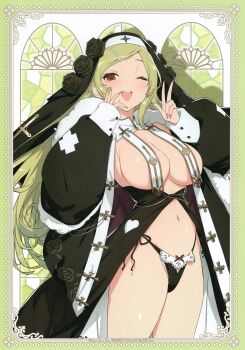 1girl absurdres black_dress black_panties black_veil blonde_hair bow bow_panties breast_curtains breasts cleavage coif covered_erect_nipples cross dress earrings frontless_outfit fur-trimmed_jacket fur_trim hair_ornament hairclip hand_on_own_face highres jacket jewelry large_breasts long_hair long_sleeves looking_at_viewer mole mole_under_mouth navel non-web_source nun official_art one_eye_closed open_mouth panties panty_cutout pink_nails puffy_long_sleeves puffy_sleeves red_eyes senran_kagura senran_kagura_new_link shiki_(senran_kagura) side-tie_panties smile solo stud_earrings underwear v veil yaegashi_nan