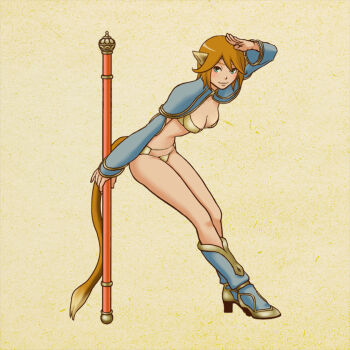 Rule 34 | 1girl, alphabet, animal ears, bad id, bad pixiv id, bikini, bikini top only, blue eyes, brown hair, female focus, genderswap, genderswap (mtf), journey to the west, letter pose, midriff, monkey ears, monkey tail, panties, polearm, short hair, solo, staff, sun wukong, swimsuit, tail, underwear, weapon, yuuhei