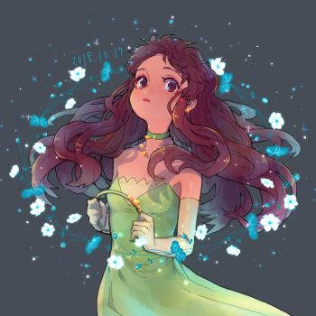 Rule 34 | 1girl, 2018, brown hair, choker, collarbone, dated, dress, elbow gloves, floating hair, freckles, gloves, green choker, green dress, green hairband, grey background, hairband, unworn hairband, holding, isuzu (log horizon), log horizon, long hair, looking at viewer, mo (deciliter), open mouth, red eyes, shiny skin, sleeveless, sleeveless dress, solo, strapless, strapless dress, very long hair, white gloves