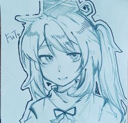 Rule 34 | 1girl, character name, chinese commentary, commentary request, graphite (medium), greyscale, hair between eyes, hat, long hair, looking at viewer, monochrome, mononobe no futo, navygzk, neck ribbon, portrait, ribbon, side ponytail, simple background, smile, solo, tate eboshi, touhou, traditional media, white background