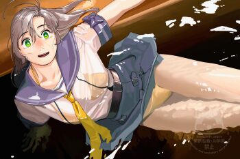 1girl antenna_hair bikini bikini_under_clothes bikini_visible_through_clothes feet_out_of_frame gold_bikini green_eyes grey_hair hair_between_eyes highres kantai_collection kinugasa_(kancolle) kinugasa_kai_ni_(kancolle) neckerchief ojipon partially_submerged purple_sailor_collar purple_skirt sailor_collar sailor_shirt shirt skirt solo swimsuit water watermark wet white_shirt yellow_neckerchief