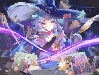 Rule 34 | 1girl, albedo (genshin impact), andersdotter (genshin impact), blue eyes, blue hair, blue hat, bracelet, closed mouth, commentary, dragon, durin (genshin impact), english commentary, flower, genshin impact, gloves, hair ornament, hairclip, hand on own cheek, hand on own face, hat, highres, holding, holding quill, jewelry, looking at animal, medium hair, mini durin (genshin impact), paper, quill, scaramouche (cat) (genshin impact), scaramouche (genshin impact), small dragon, smile, viviwi, white gloves, witch hat