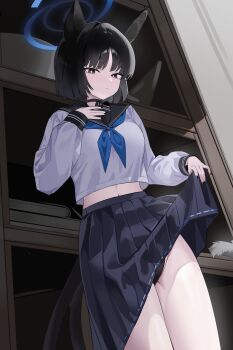 Rule 34 | 1girl, absurdres, animal ears, black eyes, black nails, black panties, blue archive, blue halo, blue neckerchief, cat ears, cat girl, cat tail, clothes lift, commentary, halo, highres, kikyou (blue archive), korean commentary, lifting own clothes, multiple tails, neckerchief, panties, pantyshot, school uniform, seueo, skirt, skirt lift, solo, tail, two tails, underwear