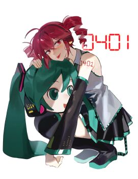 ahoge birthday black_boots black_skirt black_sleeves black_thighhighs blue_necktie boots collared_shirt cosplay crossed_bangs detached_sleeves drill_hair full_body grey_shirt hair_between_eyes hatsune_miku hatsune_miku_(cosplay) highres kasane_teto kigurumi long_sleeves mascot_head mikudayo necktie number_tattoo pleated_skirt red_eyes red_hair red_tattoo samsap shirt shoulder_tattoo simple_background skirt skirt_set squatting tattoo thigh_boots thighhighs tongue tongue_out twin_drills utau vocaloid white_background wing_collar