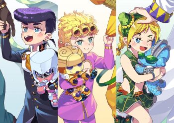 1girl 5boys aged_down anchor_ornament battle_tendency blonde_hair blue_eyes blue_pants blue_skin braid braided_ponytail brown_gloves bun_with_braided_base character_doll coat colored_skin commentary_request crazy_diamond diamond_wa_kudakenai dio_brando doll double_bun father_and_daughter father_and_son gakuran giorno_giovanna gloves gold_experience green-tinted_eyewear green_eyes green_hair green_scarf green_skirt green_tank_top hair_bun higashikata_josuke high_collar highres hugging_doll hugging_object jacket jojo_no_kimyou_na_bouken joseph_joestar joseph_joestar_(young) kuujou_jolyne kuujou_joutarou ladybug_ornament multicolored_hair multiple_boys open_mouth pants peace_symbol pink_jacket pink_pants pink_skin pompadour purple_hair scarf school_uniform shirt skirt sky stand_(jojo) stardust_crusaders stone_free stone_ocean tank_top teeth time_paradox tinted_eyewear triangular_headpiece two-tone_hair upper_teeth_only uppi vento_aureo white_coat wing_ornament yellow_jacket yellow_pants yellow_shirt yellow_sky