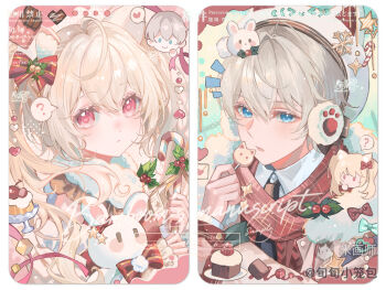 1boy 1girl ahoge animal_ear_fluff animal_ears animal_hat black_necktie blonde_hair blue_eyes border bow candy candy_cane cat_ears cat_girl cat_hat closed_mouth collared_shirt food grey_hair hair_between_eyes hair_bow hat long_hair long_sleeves mihuashi_username necktie notice_lines open_mouth original pink_eyes portrait red_bow shirt short_hair watermark white_border white_hat white_shirt xun_xun_xiaolongbao