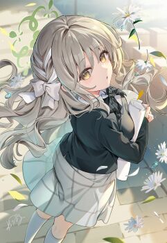 1girl blue_archive bow bowtie brown_hair floating_hair from_above green_bow green_bowtie green_jacket hair_bow highres jacket kita_(kitairoha) kneehighs long_hair long_sleeves looking_at_viewer looking_up miyo_(blue_archive) outdoors parted_lips school_uniform signature skirt socks solo standing white_bow white_socks yellow_eyes