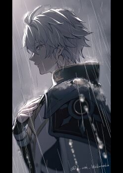 1boy arm_up armor black_bridal_gauntlets blue_eyes bridal_gauntlets closed_mouth collared_shirt from_side hand_on_own_chest hashtag-only_commentary honkai:_star_rail honkai_(series) long_sleeves male_focus pauldrons phainon_(honkai:_star_rail) pillarboxed profile rain shike_(i_am_morafeti) shirt shoulder_armor solo twitter_username upper_body wet wet_hair white_hair