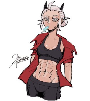 1girl 25_kimera abs expressionless food helltaker highres horns justice_(helltaker) muscular muscular_female popsicle sweat sweatdrop tagme