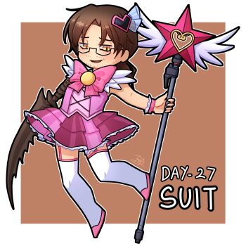 1boy absurdres alternate_costume arthropod_limbs beard_stubble black-framed_eyewear black-framed_glasses blush border bow brooch brown_background brown_hair cosplay crossdressing dated dress english_text facial_hair feather-trimmed_sleeves feather_trim feathers frilled_skirt frilled_wrist_cuffs frills full_body garter_straps glasses gold_trim gregor_(project_moon) hair_between_eyes hair_ornament hairclip half-closed_eyes heart heart_hair_ornament highres holding holding_staff holding_wand jewelry lace-up_top limbus_company long_hair looking_down looking_to_the_side low_ponytail magical_girl male_focus midair outside_border parted_bangs parted_lips photoshop_(medium) pink_bow pink_dress pink_shirt pink_shoes pink_skirt pink_trim pleated_skirt ponytail project_moon sanpaku semi-rimless_eyewear shirt shoes signature simple_background skirt sleeveless smile! smug solo staff star_(symbol) stubble thighhighs under-rim_eyewear wand white_background white_border wings wrist_cuffs yellow_eyes zettai_ryouiki