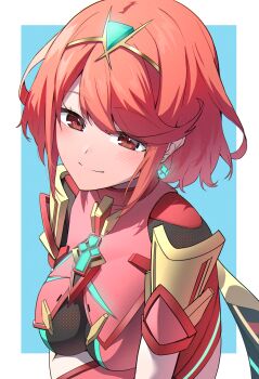 1girl blush breasts chest_jewel closed_mouth commentary_request core_crystal_(xenoblade) earrings floating_earrings gem headpiece highres impossible_clothes jewelry large_breasts pyra_(xenoblade) red_eyes red_hair red_shorts red_thighhighs short_hair shorts slope_(check238) smile solo swept_bangs thighhighs tiara xenoblade_chronicles_(series) xenoblade_chronicles_2