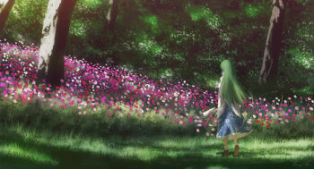 Rule 34 | 1girl, absurdres, ankle socks, arms behind back, blue shirt, brown shoes, commentary, cosmos (flower), dappled sunlight, day, detached sleeves, facing away, field, flower, flower field, frilled skirt, frills, from behind, gohei, grass, green hair, highres, holding, holding gohei, kochiya sanae, long hair, long skirt, nature, oonusa, oubachiago, outdoors, pink flower, procreate (medium), purple flower, red flower, shirt, shoes, skirt, sleeve cuffs, socks, solo, standing, sunlight, touhou, tree, very long hair, white sleeves, white socks, wide shot