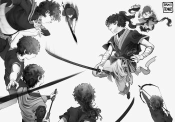 Rule 34 | 6+boys, baggy pants, bandaged arm, bandages, black hair, black robe, black tunic, bow (weapon), clone, commentary, curly hair, cuttlefishfish, english commentary, facing viewer, fighting stance, grin, high ponytail, highres, holding, holding bow (weapon), holding sword, holding weapon, long hair, male focus, multiple boys, pants, ponytail, robe, shadow slave, short hair, smile, sunny (shadow slave), sword, too many clones, tunic, weapon