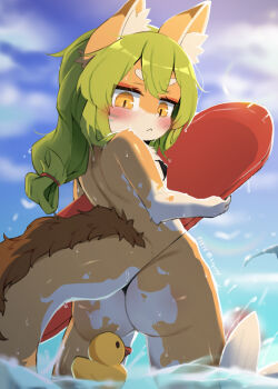 1girl :< animal_ear_fluff animal_ears ass back bikini black_bikini blush breasts closed_mouth cloud day erguotou fox_ears fox_girl fox_tail from_behind furry furry_female green_hair holding holding_surfboard loli long_hair looking_at_viewer looking_back micro_bikini orange_fur original outdoors rubber_duck sky small_breasts solo surfboard swimsuit tail thick_eyebrows thong_bikini two-tone_fur wading water wet white_fur yellow_eyes