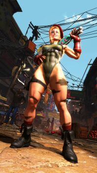 1girl 3d antenna_hair ass ass_focus bare_shoulders blonde_hair blue_eyes braid breasts cammy_white covered_navel full_body gloves green_leotard hat highleg highleg_leotard highres huge_ass leotard lips long_hair low_angle medium_breasts perspective red_hat ryona screencap shiny_clothes smile solo standing street_fighter street_fighter_6 thighs third-party_edit thong_leotard twin_braids very_long_hair wide_hips