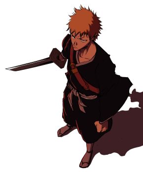 Rule 34 | 1boy, black kimono, bleach, from above, frown, full body, furrowed brow, highres, holding, holding sword, holding weapon, japanese clothes, katana, kimono, kurosaki ichigo, kurovibes, male focus, orange hair, shihakusho, short hair, solo, spiked hair, sword, tabi, weapon, white background, wide sleeves