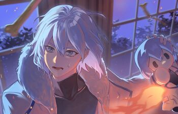 1boy bone castlevania:_aria_of_sorrow castlevania_(series) character_doll coat commentary_request covered_collarbone doll embers fire from_above fur-trimmed_coat fur_trim grey_eyes highres holding holding_doll keiseki1 male_focus medium_hair open_mouth partial_commentary solo soma_cruz sweatdrop turtleneck upper_body white_coat white_hair window