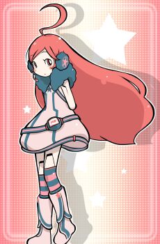 1girl ahoge arms_behind_back belt blush_stickers boots dress full_body fur_collar headphones headset highres joints kneehighs long_hair looking_to_the_side negiwave2000 pink_eyes pink_hair robot_joints sf-a2_miki sleeveless sleeveless_dress socks solo star_(symbol) striped_clothes striped_socks very_long_hair vocaloid