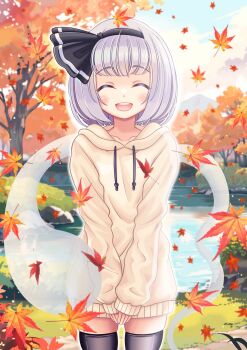 1girl ^_^ absurdres autumn autumn_leaves black_hairband black_thighhighs cardigan closed_eyes collarbone commentary facing_viewer falling_leaves grass hairband highres hitodama hood hood_down hooded_cardigan konpaku_youmu konpaku_youmu_(ghost) leaf open_mouth outdoors own_hands_together reimei_(r758120518) short_hair smile solo thighhighs touhou tree white_hair zettai_ryouiki