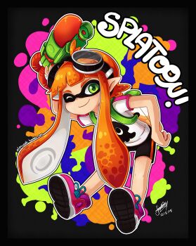 1girl 2015 absurdres bike_shorts black_shorts blunt_bangs closed_mouth commentary dated english_commentary full_body goggles goggles_on_head green_eyes highres ink_tank_(splatoon) inkling inkling_girl inkling_player_character long_hair looking_at_viewer nintendo orange_hair paint_splatter pink_shoes pointy_ears sandragh shirt shoes shorts signature smile solo splatoon_(series) splatoon_1 splattershot_(splatoon) squid striped_clothes striped_shorts suction_cups tentacle_hair vertical-striped_clothes vertical-striped_shorts