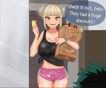 1girl alternate_breast_size alternate_universe bag black_tank_top blonde_hair boku_no_hero_academia breasts couple coupon dating dolphin_shorts ear_cuff eddarxart english_text groceries grocery_bag happy highres holding holding_bag house housewife husband_and_wife jewelry large_breasts marriage midoriya_izuku navel open_mouth pink_shorts ring shirt shopping_bag shorts sidelocks slit_pupils speech_bubble sweat talking tank_top thighs tied_shirt toga_himiko wedding_band wedding_ring wristband yandere yellow_eyes